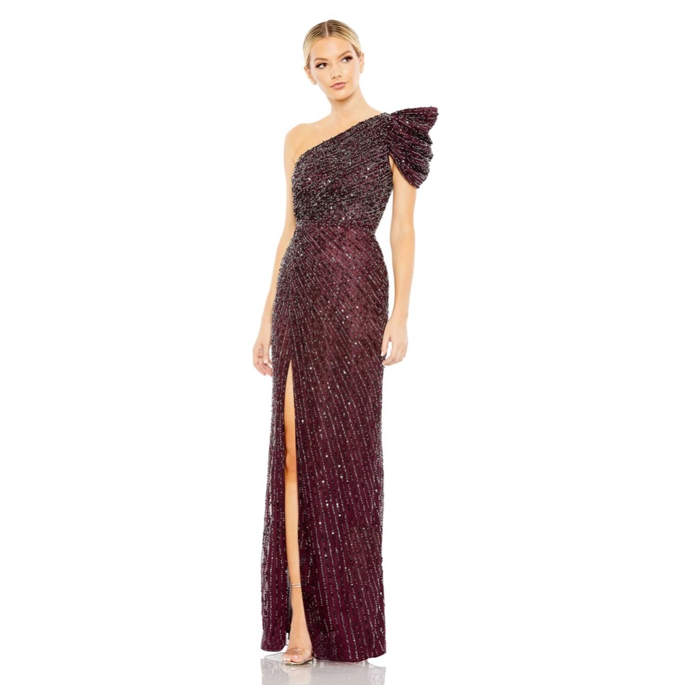 Mac Duggal 5622 Blackberry Sequin Embellished‎ Puff One Shoulder Gown Size 0